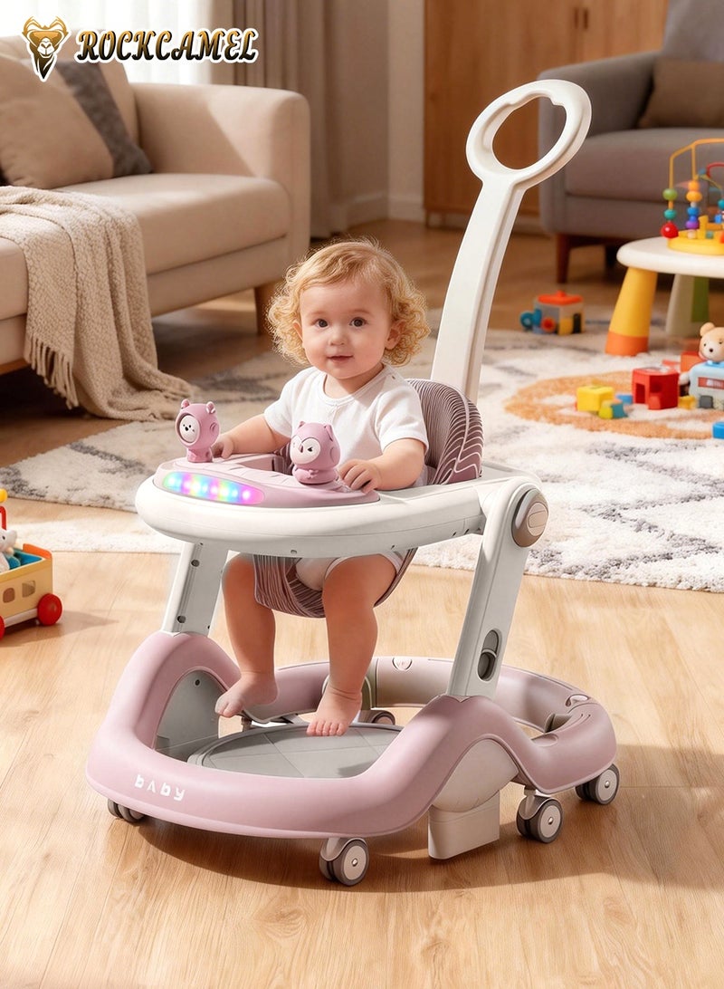 ROCKCAMEL 3-in-1 Foldable Baby Walker, Adjustable Height Anti-Tip Activity Walker with Music, Push Handle, Removable Tray & Footrest, Convertible Sit-to-Stand Learning Walker for Baby 7-18 Months, Pink - Image 2